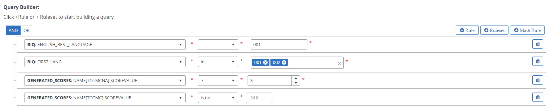 Query Builder in Add Query Modal with Rules, Rulesets with GENERATED_SCORES
